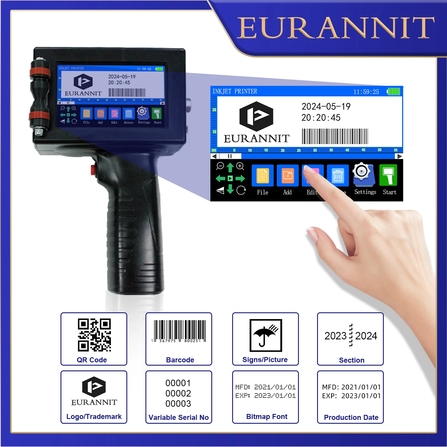 EURANNIT E13 Stampante a getto d'inchiostro portatile portatile da 12,7 mm per logo QR Codice a barre Numero lotto Immagine Testo Data di scadenza Codificatrice TIJ