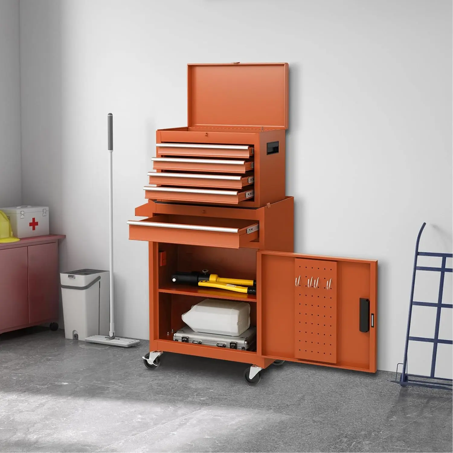 #￥forJINFENG Large Rolling 5-Drawer Metal Tool Cabinet with Adjustable Shelves Lockable Design Customizable Size & Big Capacity
