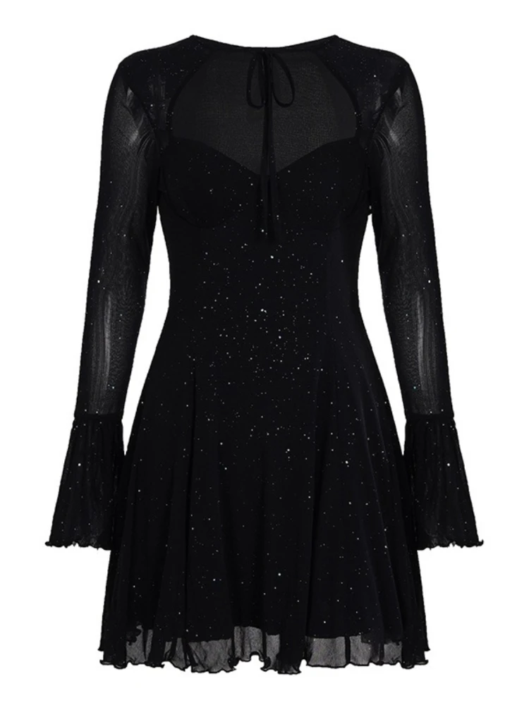 섹시하고 반짝이는 시스루 메쉬 파티 드레스 여성 패션 블랙 타이업 로우컷 프론트 롱 슬리브 A라인 미니 미드나잇 클럽 드레스
