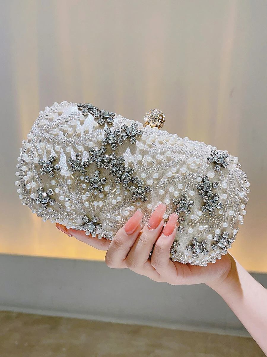 Faux Pearl & Diamond Kiss Lock Clutch Bag, Party Bag, Metal Chain Cocktail Handbag