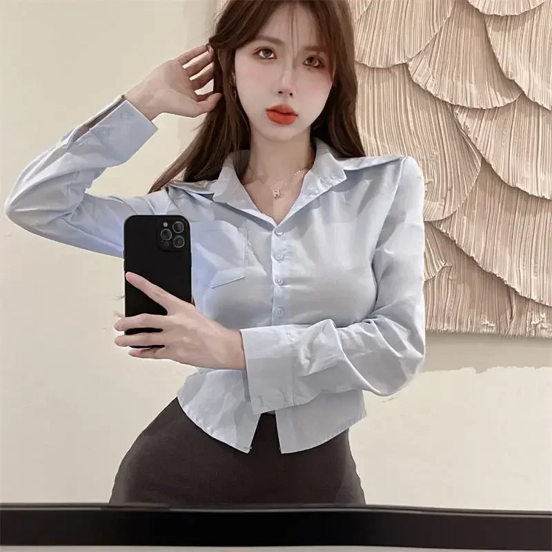 Long Sleeve Shirts Women Slim Crop Tops All-match Spring Hotsweet Casual Tender Pockets Korean Style Chic Solid Simple