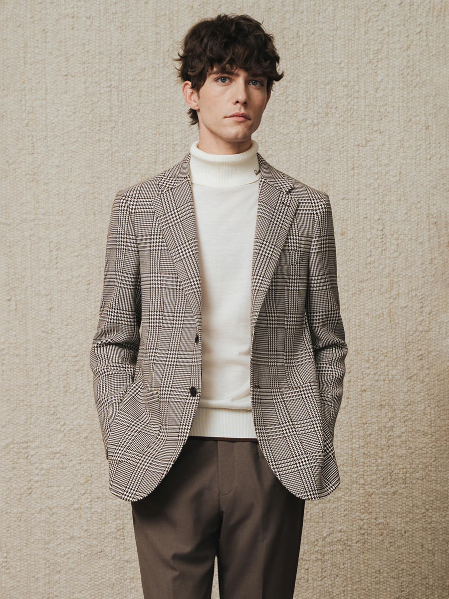 Men's Tweed Blazer 95% Wool 5% Cashmere Blend Thick Brown Plaid Luxury Coat Formal Business Casual Jacket for Fall Winter 44 54