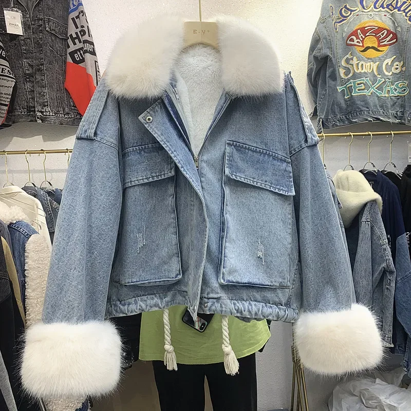 

Women's Denim Jacket Demountable Fur Inner Plush Thickened Jeans Parkas Winter Jacket Winter Coat Cotton Jean Jacket for Women