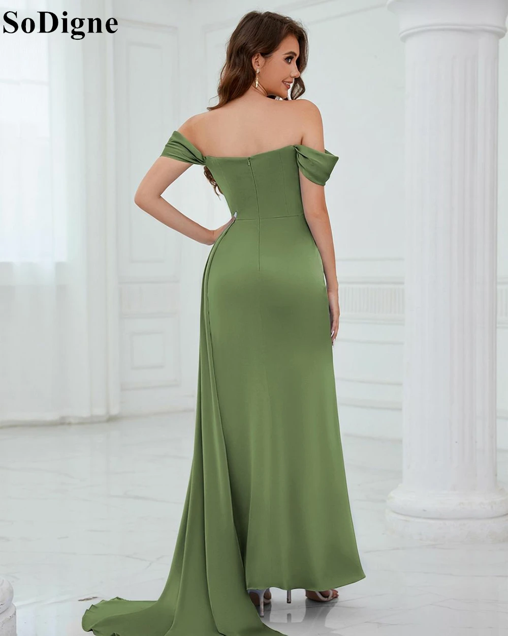 SoDigne Elegant Olive Green Evening Dresses Off Shoulder Draped Side Slit Party Dress Backless 2024 Formal Prom Gowns for Women