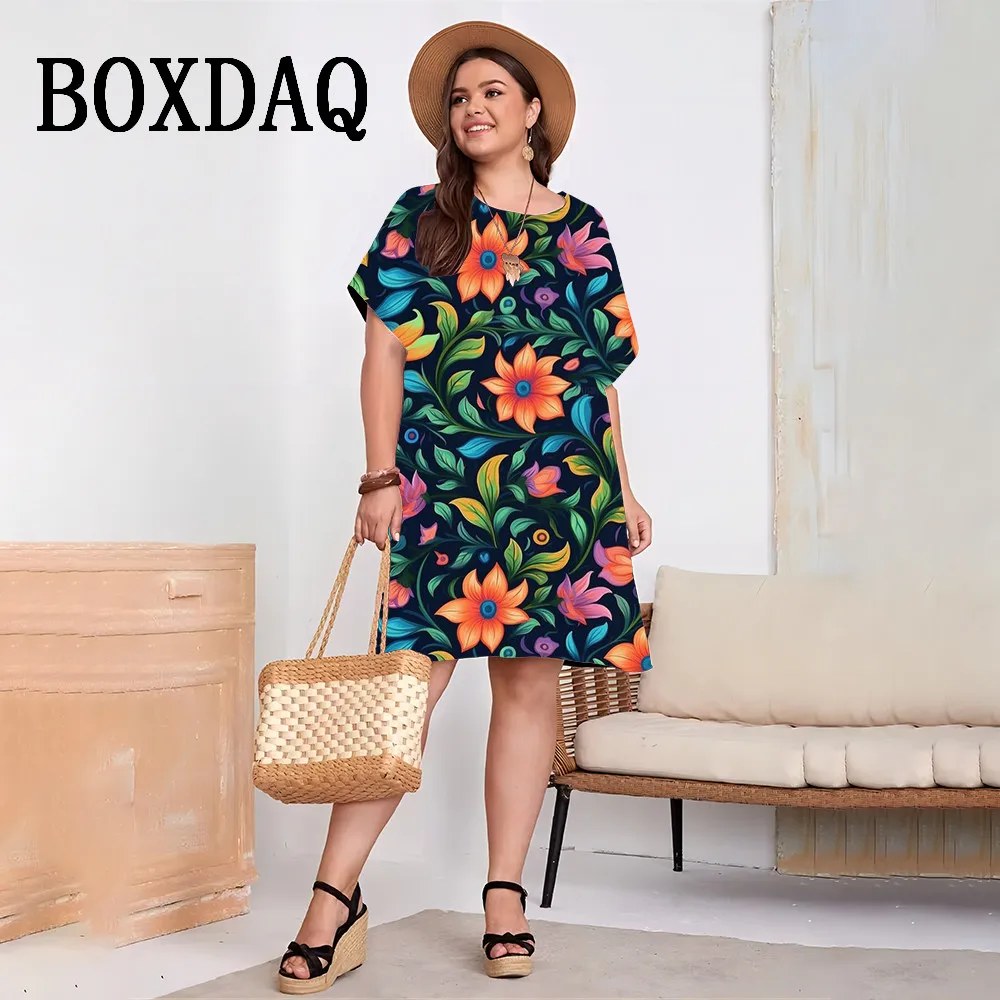 Vintage Flower Printed Women Dresses Large Size 2024 Short Sleeve O-Neck Loose Mini Dress Plus Size Casual Summer Dress Clothing