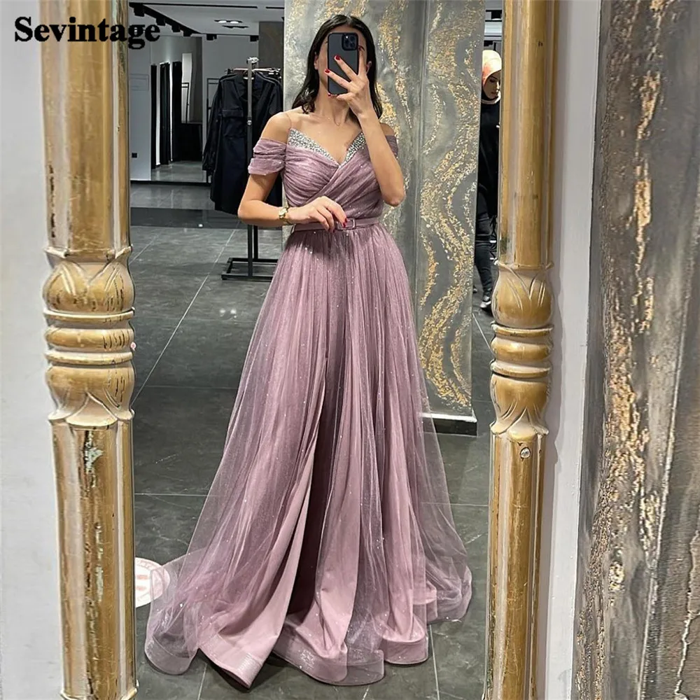 

Sevintage Vintage Saudi Tulle Prom Dress A-Line Off The Shoulder Sequineds Floor Length Formal Evening Dresses Women Party Gown