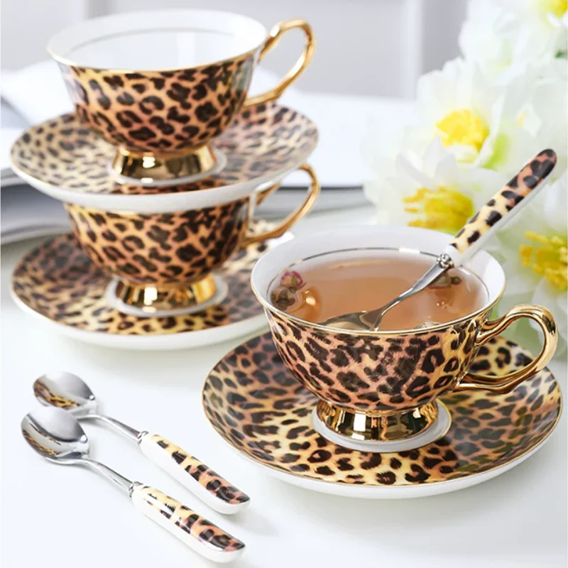 European Leopard Print Ceramic Coffee Cup and Plate, Light Luxury Retro Tea Pot, Coffee Pot, Home Afternoon Tea Beverage Cup