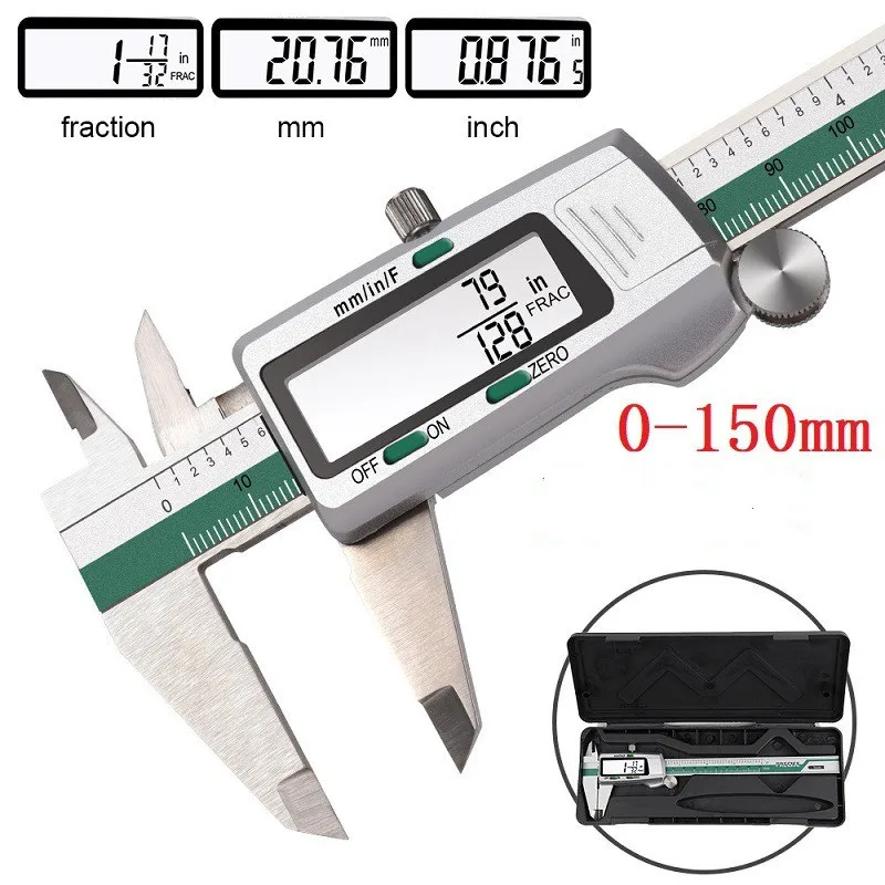 Digital Stainless Steel Caliper 6-Inch 150mm Fraction/MM/Inch Measure Electronic Vernier Caliper 0.01mm High Precision
