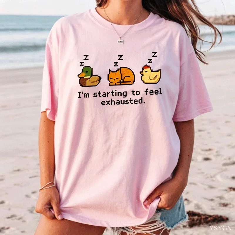 I'm Starting To Feel Exhausted Pixel Sleepy Duck Cat Chicken Meme Graphic T‑Shirt Retro Pixel Animal Print Cotton Casual Tee Top