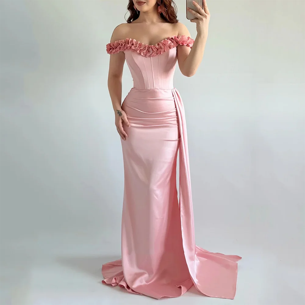 

Pink Pleated Off The Shoulder Evening Dresses Backless Sleeveless Prom Gowns Mermaid Court Train Party Dress Customized 2026