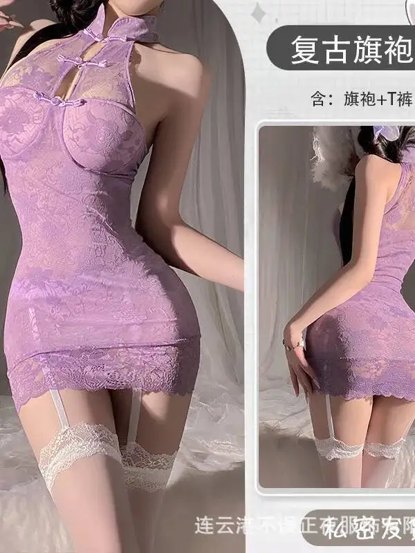 Seksowna Fioletowa Sukienka Cheongsam Czysta Pokusa Piżama Sukienka Bodycon Elegancki Mundurek Damska Kokarda Mini Sukienka 2025 Nowa Moda Słodki Top ELY8