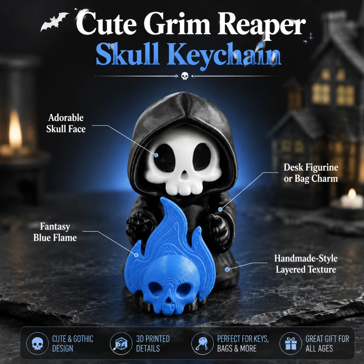 1pc Mini Spooky Flame Reaper Ornament,Eco-Friendly PLA 3D Printed Halloween Holiday Style Multi-Scene Desktop Display Keychain