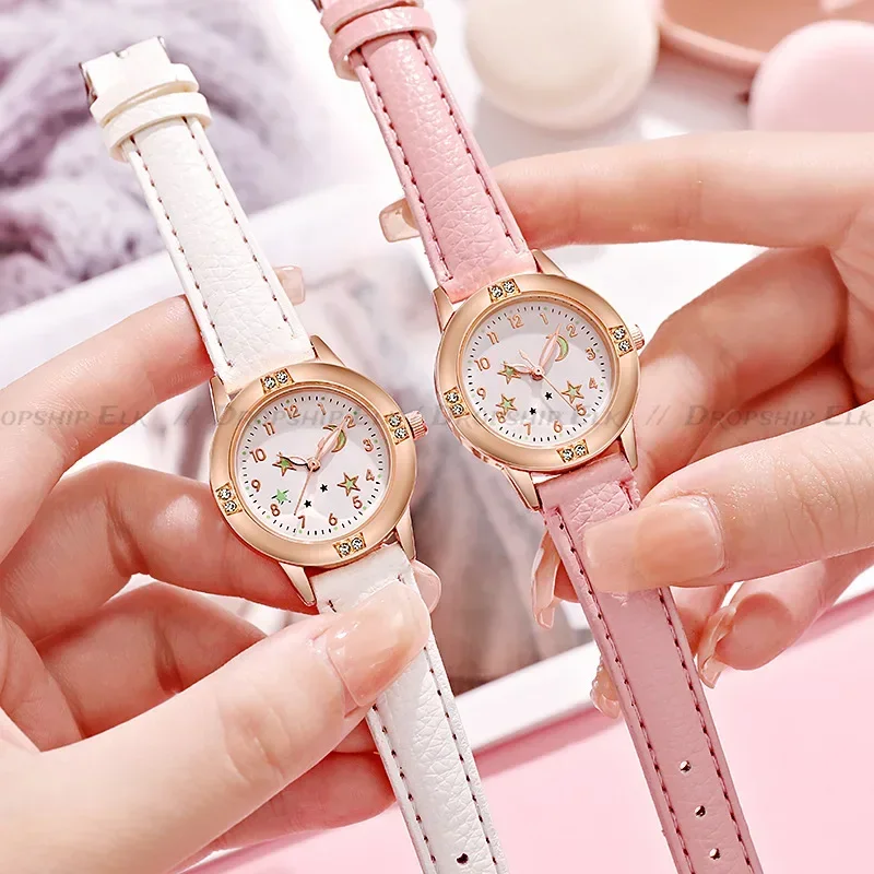 Casual Cute Star Moon Luminous Children Watch for Women Girls New Leather Female Ladies Wristwatch Quartz Clock Montre Femme