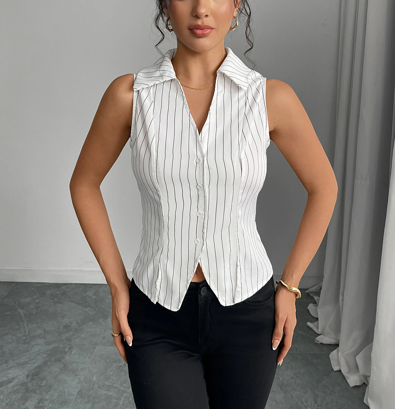 

Rh женская одежда, новинка лета 2025 года, европейская и американская темпераментная полосатая рубашка без рукавов, тонкая рубашка, кардиган, топ