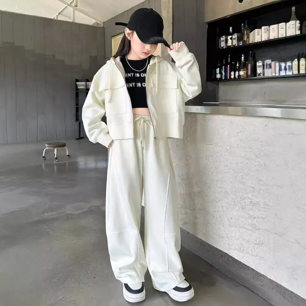 Girls Suits 2024 Autumn New Childrens Clothes Girls Baby Foreign Style Hooded Coat Two Pieces Sweatpants Casual Simple Fashion image 2