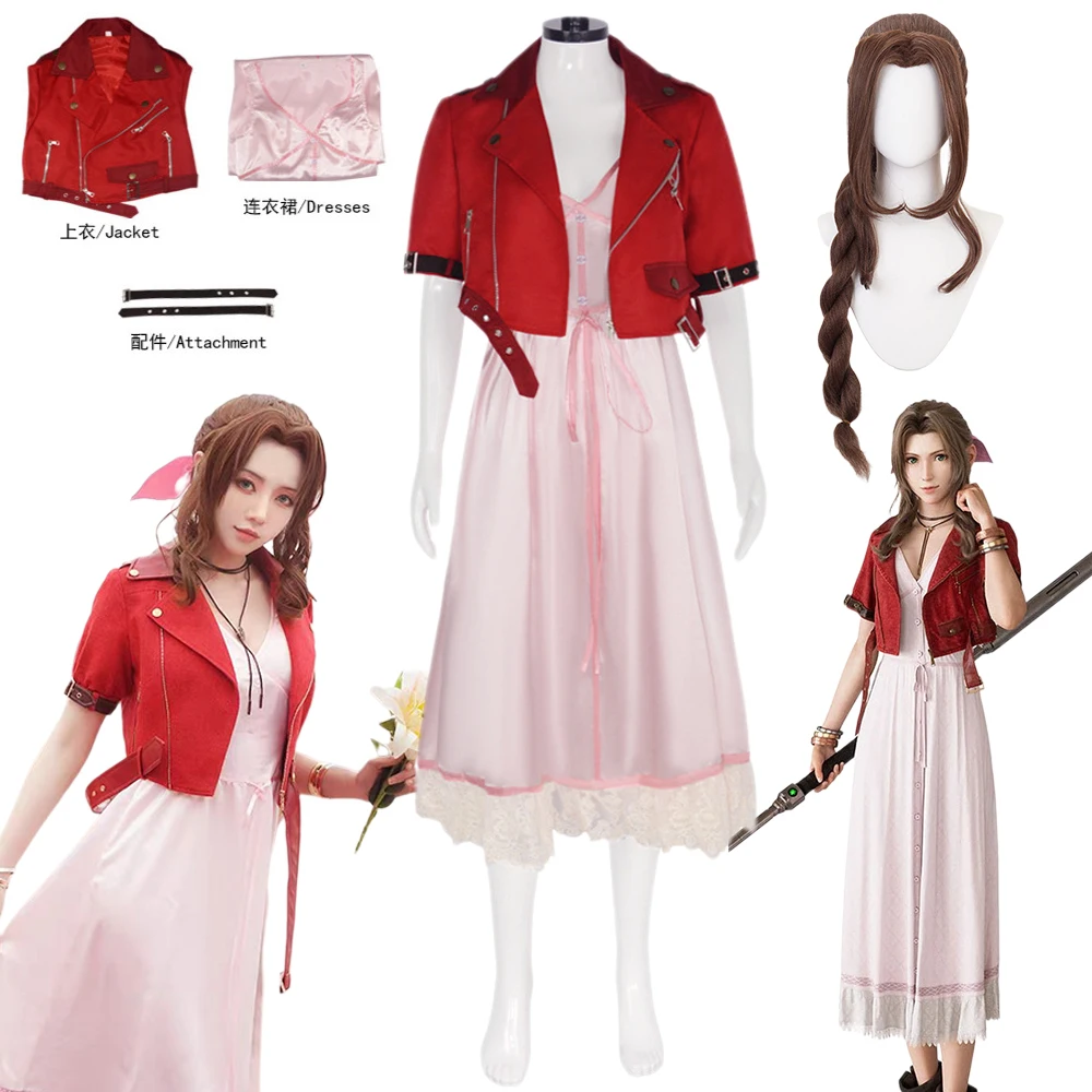 

Аэрит Косплей Игра Final Fantasy VII Remake Аэрит Гейнсборо Костюм Красное Пальто Розовое Платье Парик Женский Сексуальный Карнавальный Женский Костюм