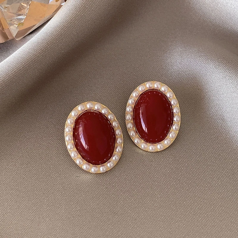 Fashion Geometric Red Enamel Clip on Earrings for Women Female Statement Vintage Fake Without Hole Pearl Earring Jewelry Gift