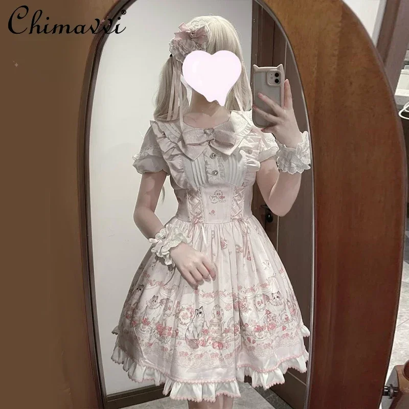 Original nova primavera verão bonito impressão de manga curta lolita op vestido japonês doce menina produzido em massa kawaii arco vestidos curtos