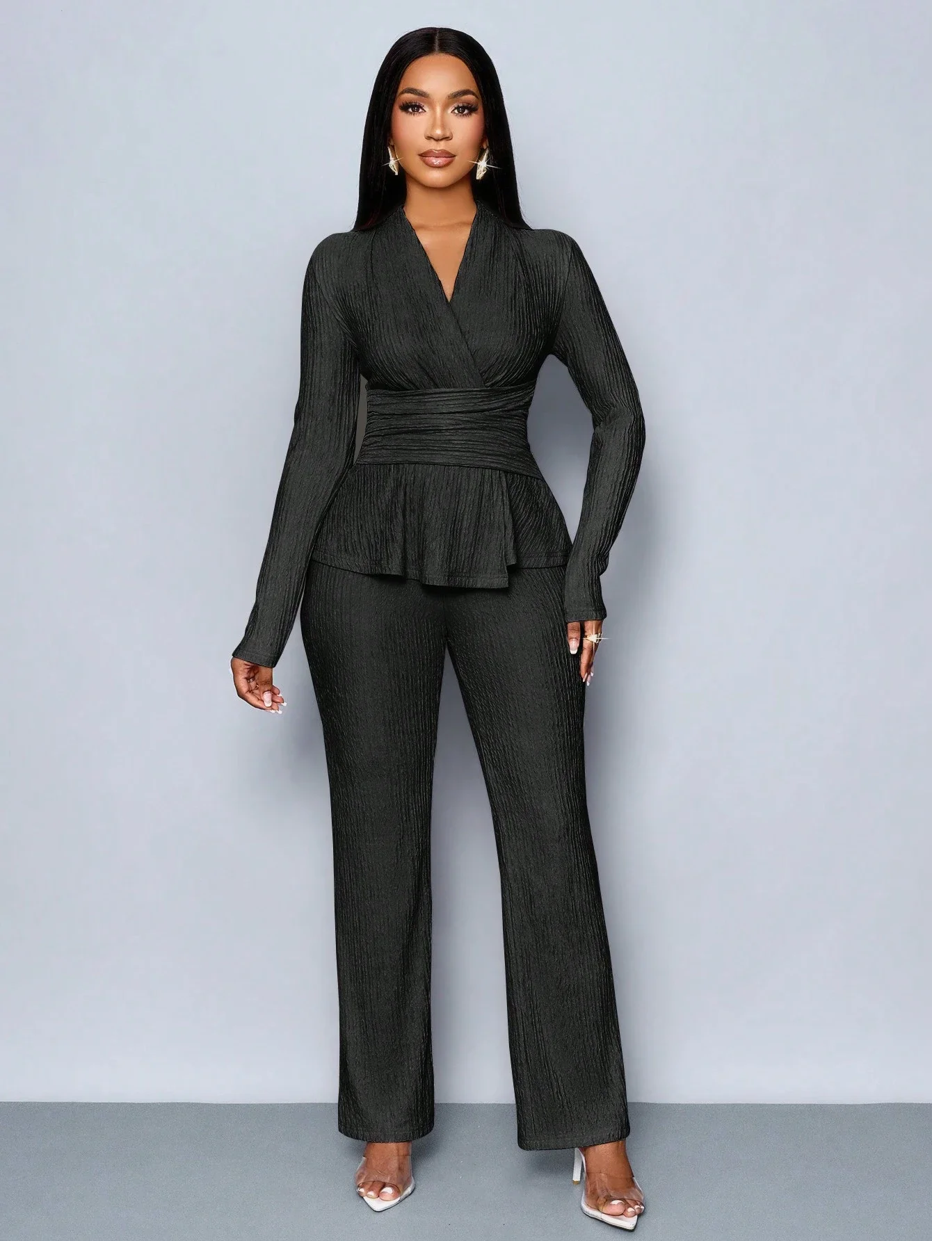 

Women's Black V-Neck Long Sleeve Peplum Top And Wide Leg Pants Two Piece Set