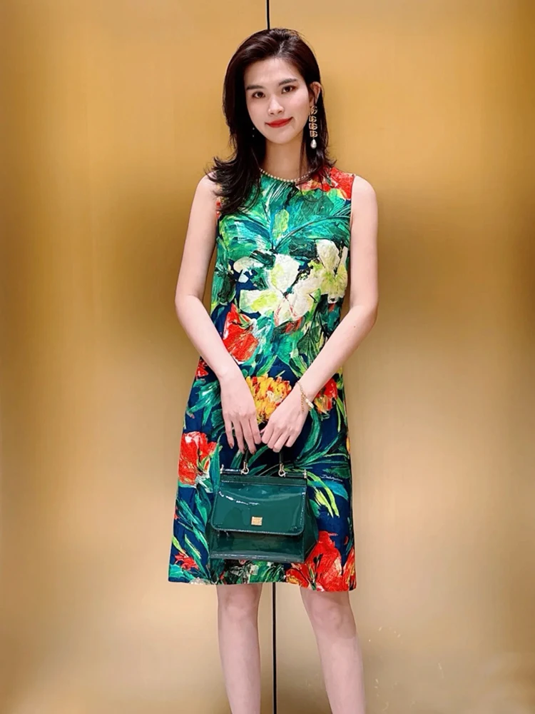 

Retro Ink Floral Print Sleeveless Dress Women Temperament Elegant Vacation Style Ladies Long dresses 2024 Summer New