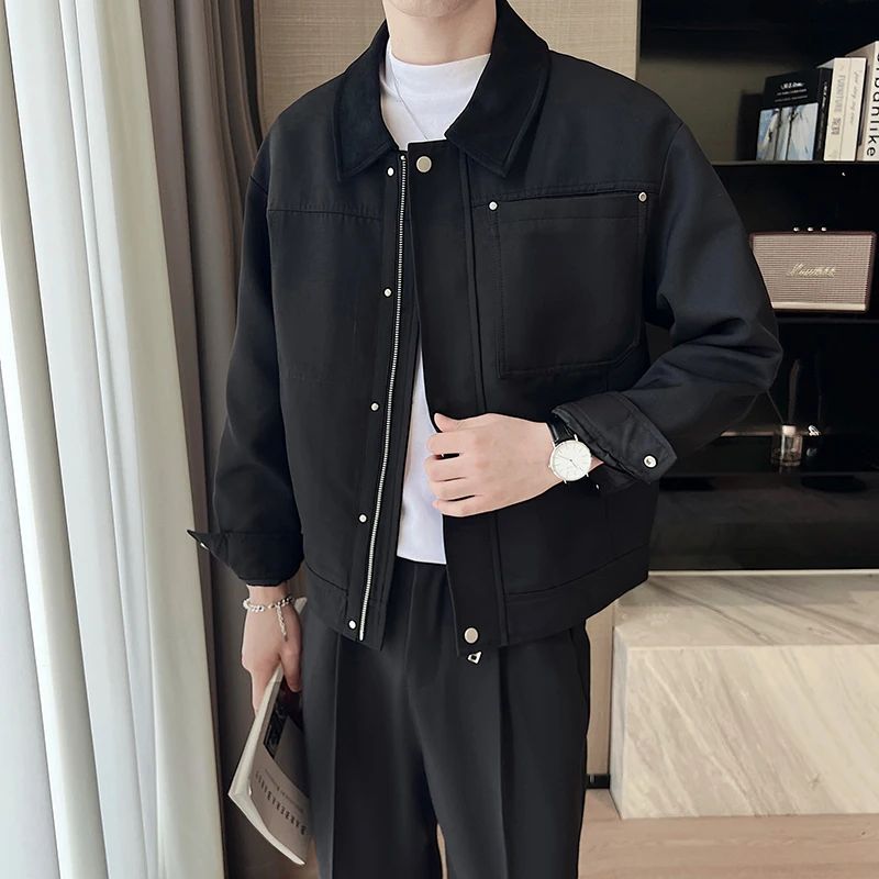 2024 Autumn Mens Coat Men Korean Streetwear Fashion Loose Casual Vintage Short Jacket Commute Business Trenchcoat Outerwear