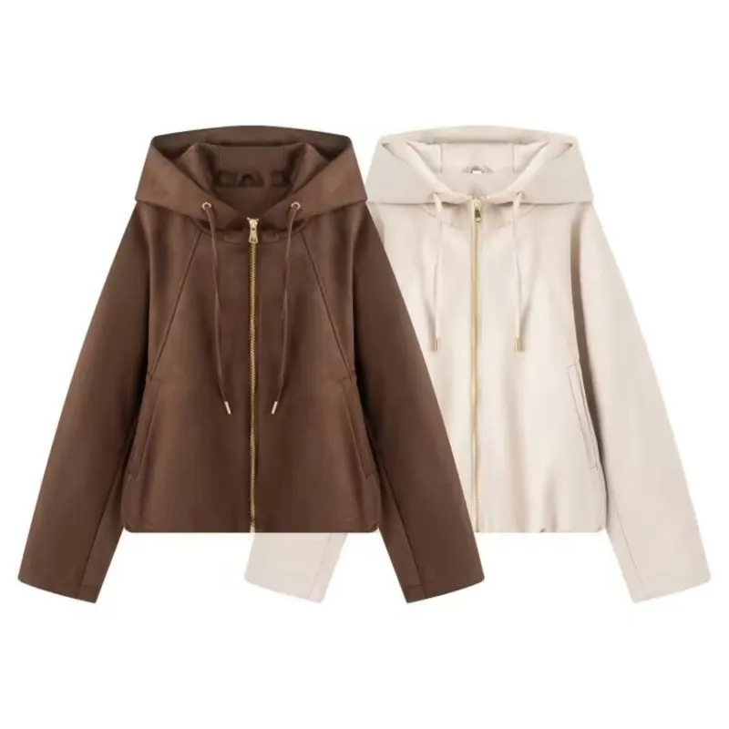 

Women Hooded Jacket with Drawstring Autumn Fashion Faux Suede Long Sleeve Pocket Zipper Women's Coats Female Chic Tops