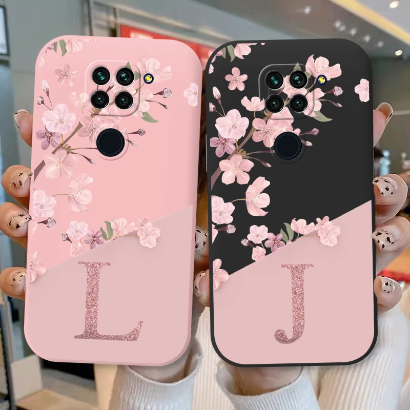 For Redmi Note 9 4G Phone Case Pink Flowers Initial Letter A To Z Silicone Soft Back Cover For Redmi Note9 Coque Alphabet Capa