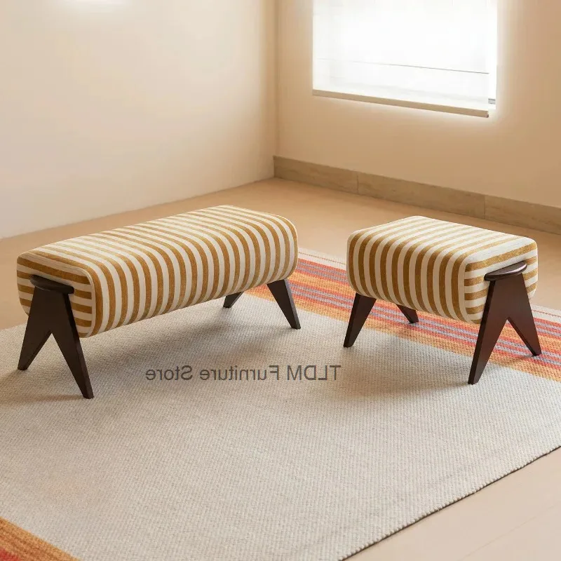 Room Modern for Striped Ottoman Fabric Bedroom Upholstered Rectangular Bench,Wood Slant Entryway Support Living Leg  Padded