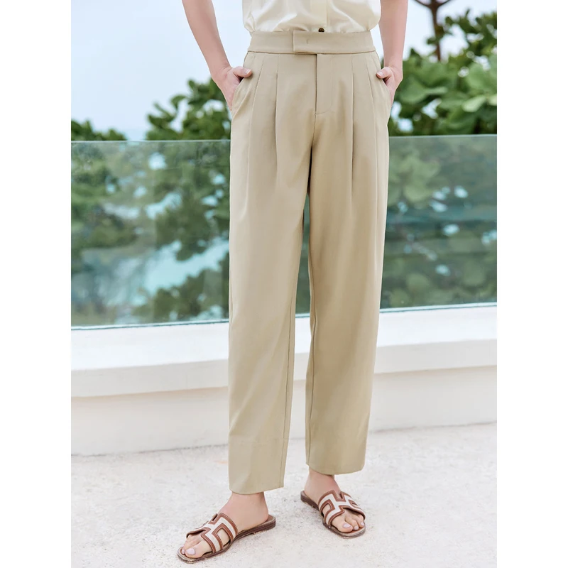 INMAN Women Long Pants 2023 Summer High Waisted Straight Loose Trousers Pleated Design Khaki Casual Official Elegant Pants