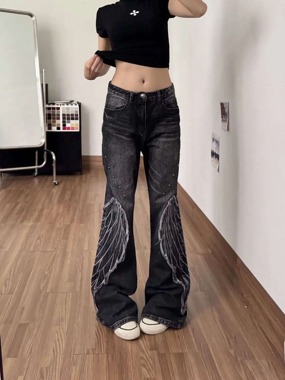 American Retro Distressed Wing Flared Jeans Summer New Style punk Style Slim-Fit and Figure-Hugging Pants Trendy and Fashionable