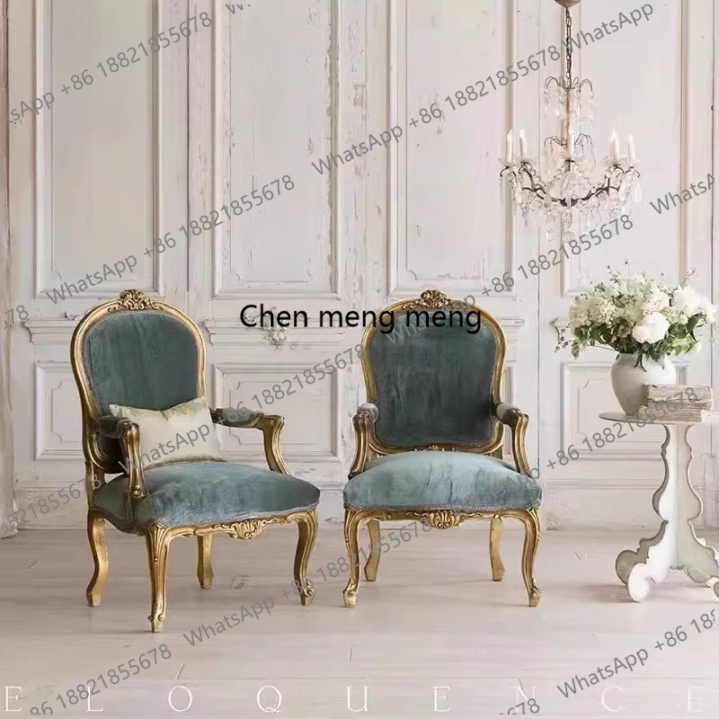 

American retro solid wood carving flower British living room single sofa French villa balcony golden sofa