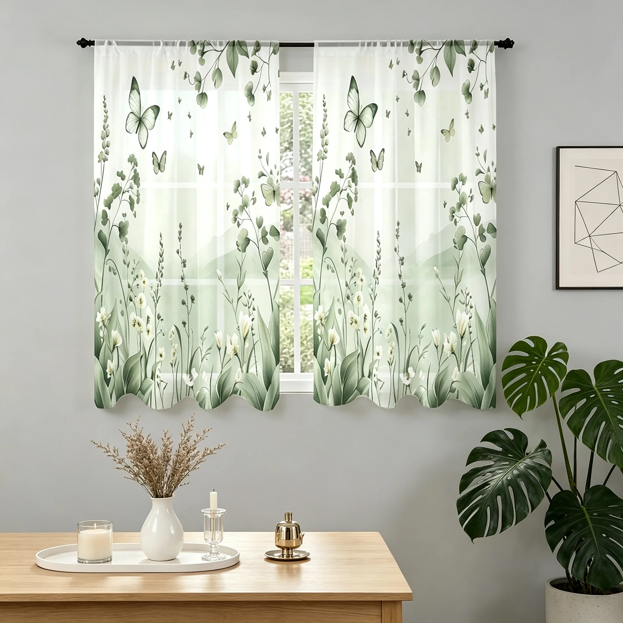2D Plane 2-Pack Spring Summer Gauze Curtains Tranquil Green White Floral Design Semi-Transparent Butterfly Eucalyptus Pattern Po