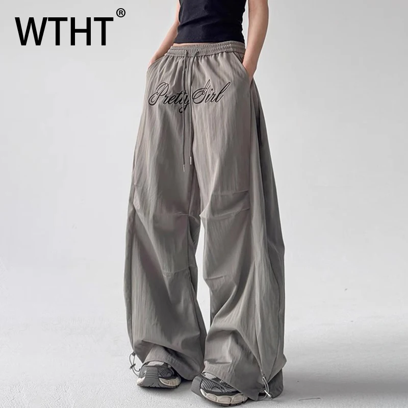 

WTHT Fashion Men's Letter Embroidery Drawing Design Casual Pant Vintage 2025 Summer Elastic High Waist Loose Trouser Male 2A1319