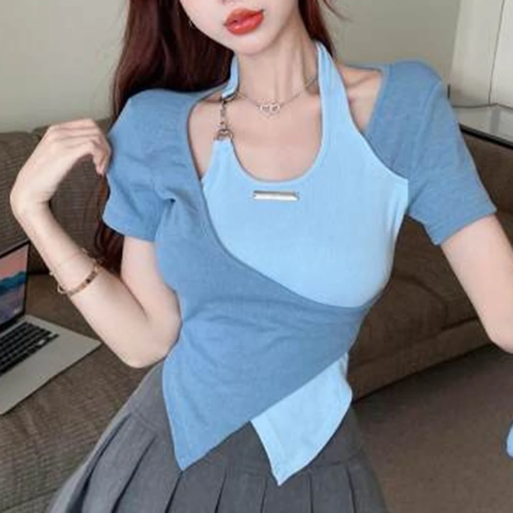 Casual Summer Wear Halter Neck Top Daily Casual Style Contrasting Colors T-shirt Slightly Elastic Versatile Casual