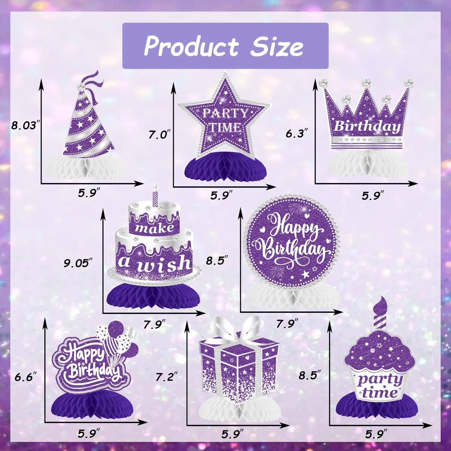 Sursurprise-Happy Birthday Honeycomb Centerpieces Decorations, Table Toppers, Purple and Silver, Girls and Women Birthday Party