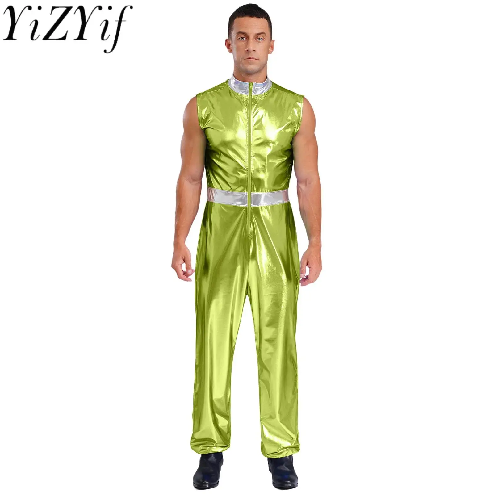 

Men Fashion Holographic Alien Astronaut Cosplay Jumpsuit Halloween Party Sleeveless Hip-hop Disco Jazz Dance Performance Costume