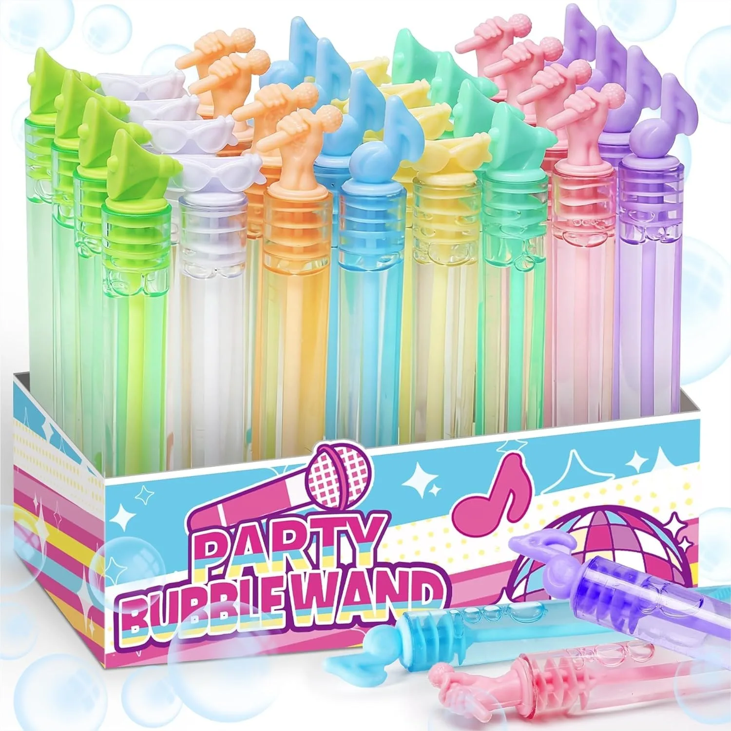

32 Pcs Mini Bubble Wand Bulk for Kids Party Favors, Music Themed Bubble Toys with Microphone Note Trumpet Glasses, Outdoor Game