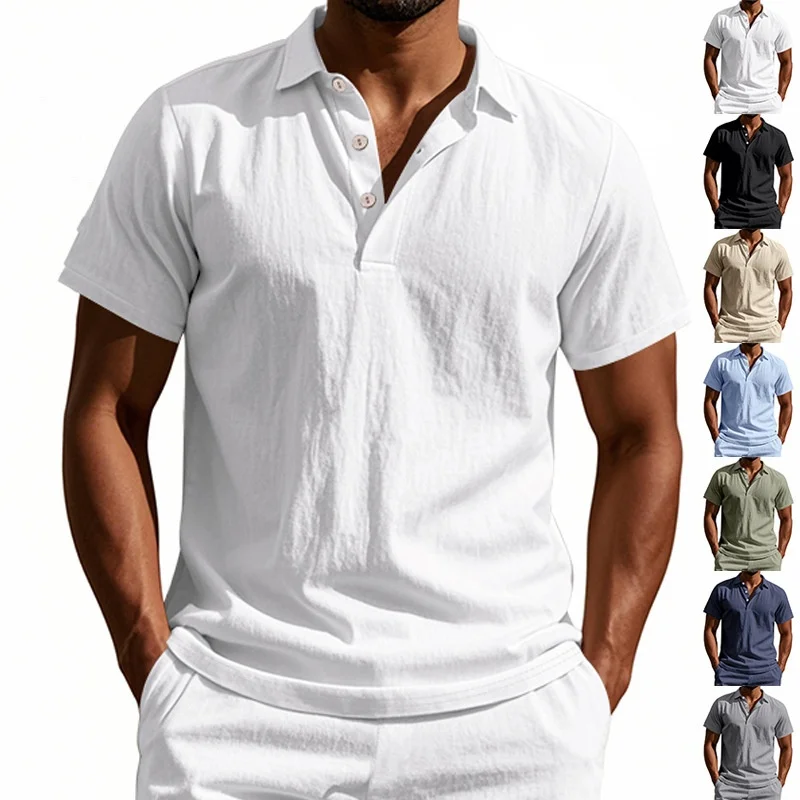 Hochwertiges Baumwoll-Leinen-Kurzarm-POLO-Shirt für Herren, lässig, locker, bequem, Sommer-T-Shirts, Knopf-Umlegekragen-Tops