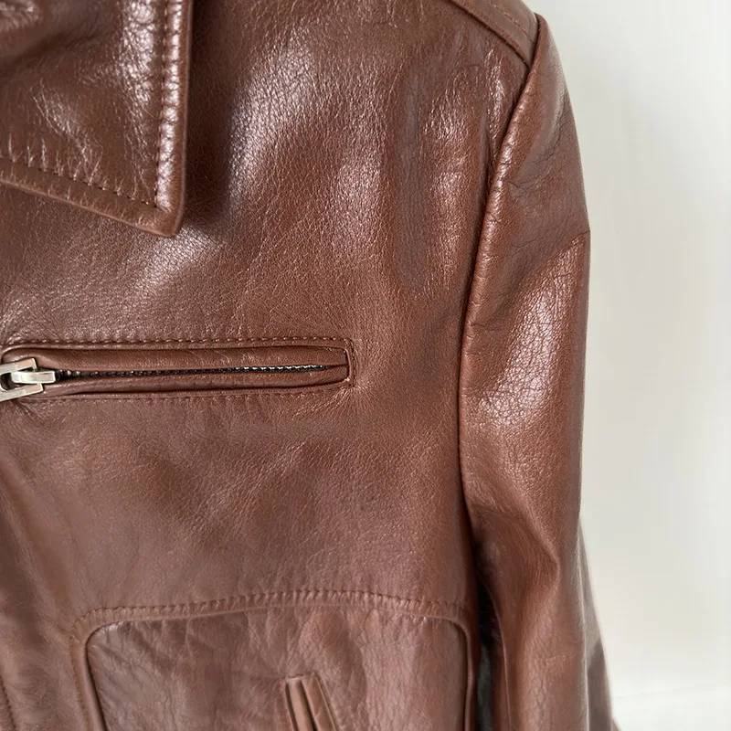 100% couro real moto & biker jaquetas curtas para as mulheres 2025 outono casual retro marrom zíper feminino jaqueta de couro genuíno casacos