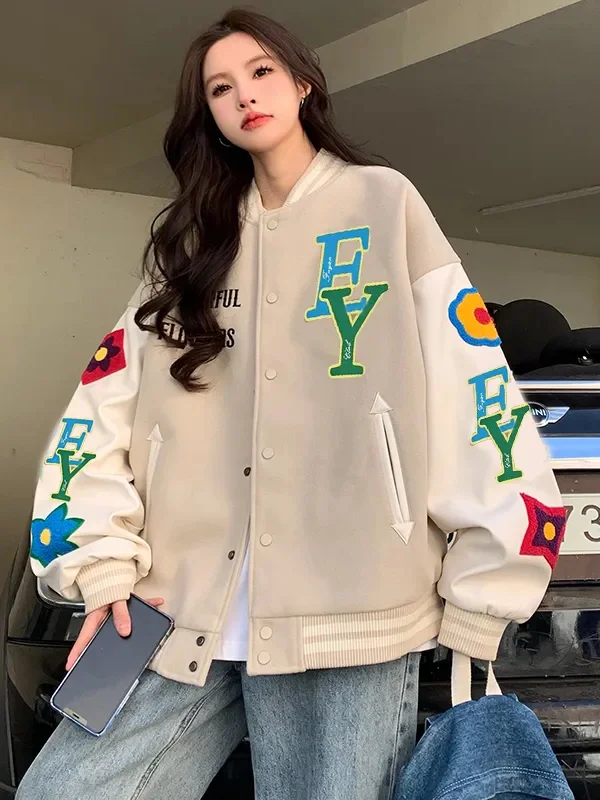 American Retro Baseball Jacket Spring Autumn Loose Thin Casual Outerwear for Girls High School Students Comfortable Long Slee...