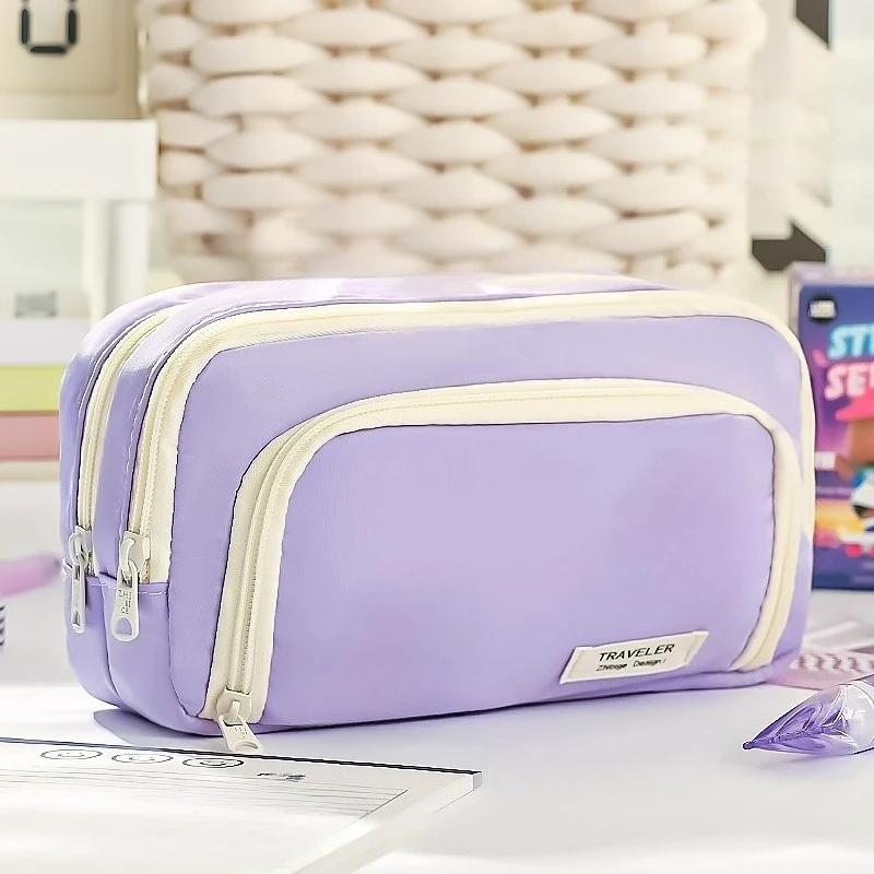 

Multi Layer Compartment Large Capacity Front Window Pencil Case Solid Color Simple Classification Storage Stationery Bag