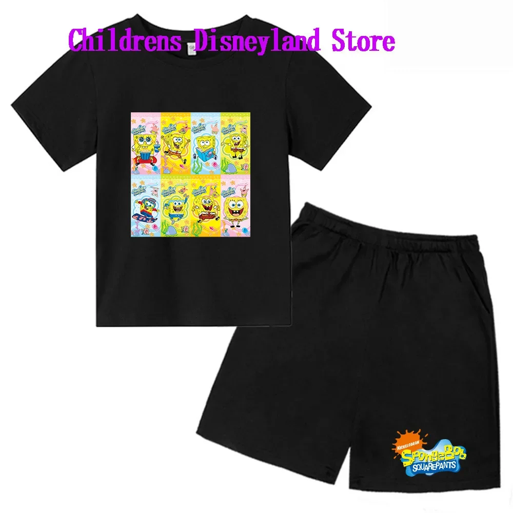 Spongebob Squarepants Spring And Autumn Children's Wear Boys And Girls T-shirt Set 2-piece Anime t shirt Sportswear Shorts boys