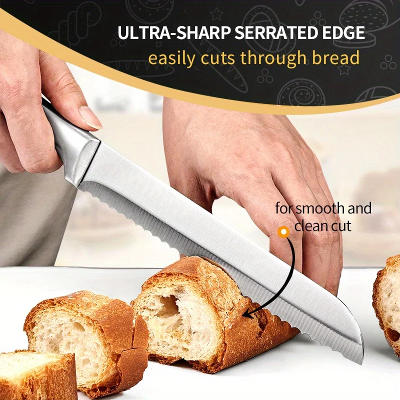 Stainless Steel Bread Knife, Kitchen Serrated Bread Knife, Toast Slicing Knife for Baking, Baking Tool