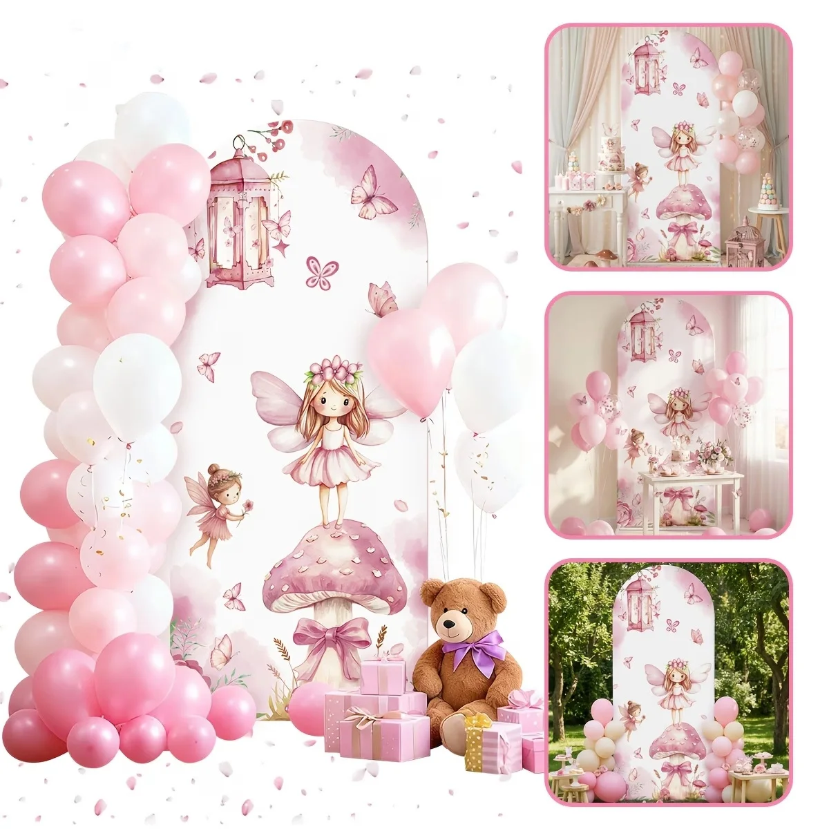 Fairy And Mushroom Background Sweet Girl Princess Birthday Dessert Cake Table Backdrop Decor Pink Flowers Butterfly Arch Cover