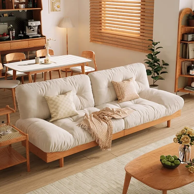 

Cream wind ash wood solid wood sofa living room small apartment furniture sofa combination three-person cloud fabric sofa