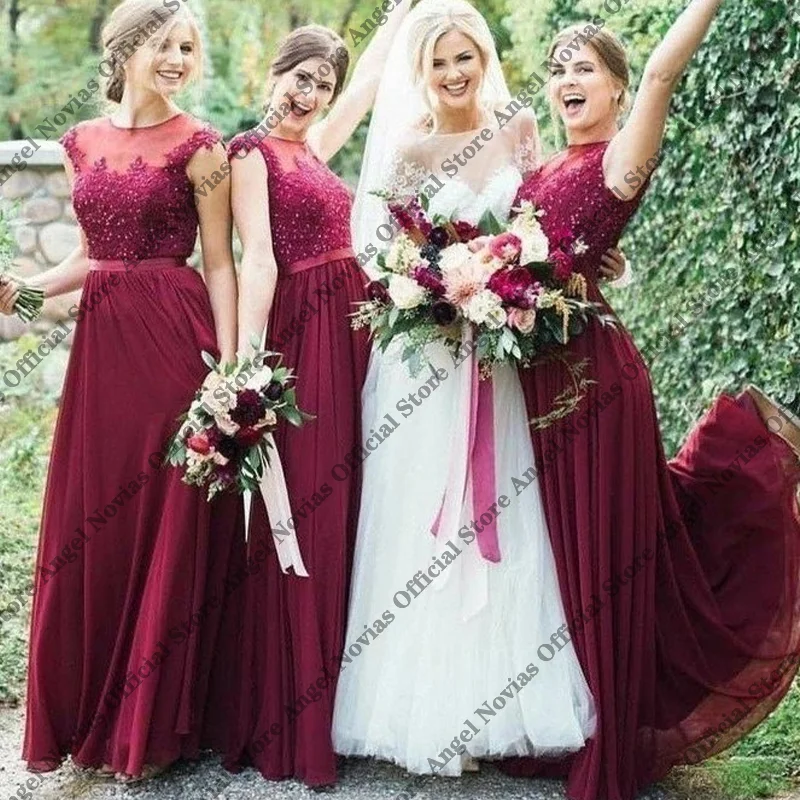 

Long Burgundy Bridesmaid Dresses 2026 Lace Appliques Formal Wedding Guest Party Dresses vestido madrinhas casamento