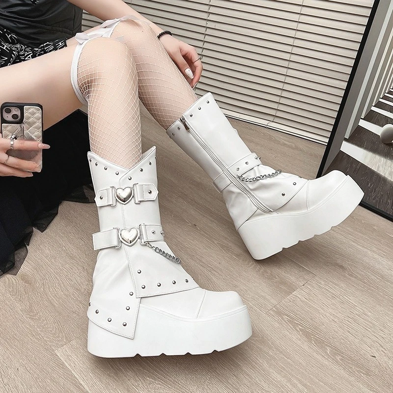 Botas Petit con Tacón de Cuña elevado, nuevas botas de tubo medio antideslizantes con punta redonda y hebilla de Metal con cremallera lateral, otoño