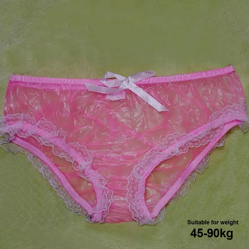 

Female Soft Pink Transparent PVC Low-Waist lace bow Underpants Smooth Silent ABDL Plastic Briefs TS Cross dressing Sissy Panties