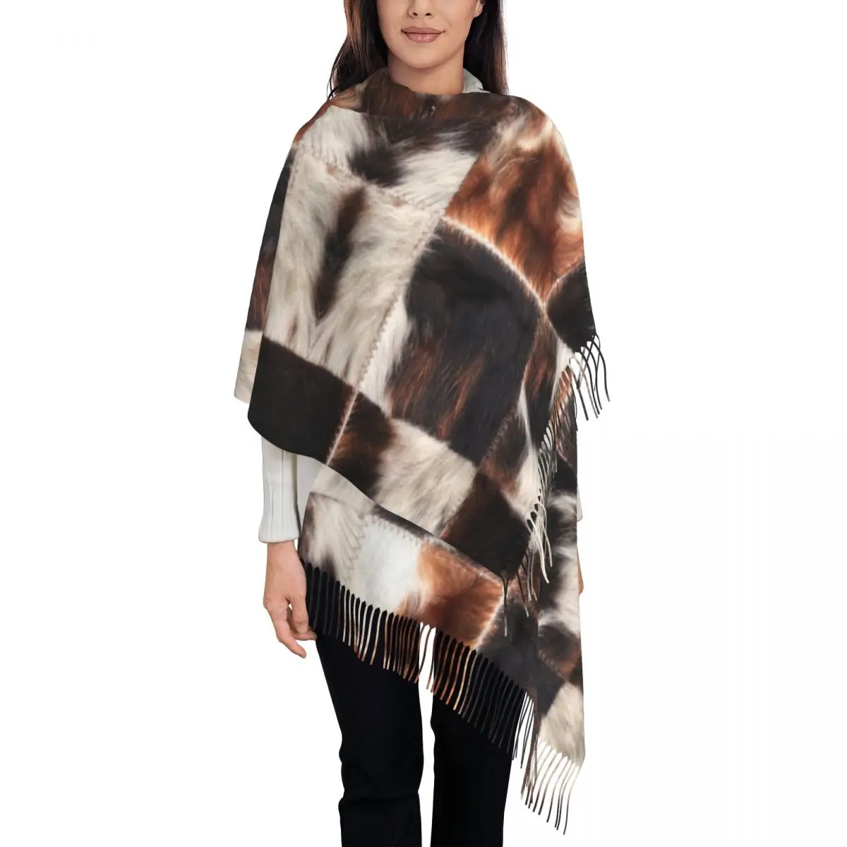 

Checkered Cowhide Fur Scarf for Women Fashion Winter Shawl Wraps Animal Leather Texture Tassel Wraps