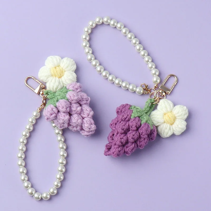 Ins Small Fresh Flowers Grapes Pearl Keychain Pendant Cute Simulation Fruit DIY Woolen Knitting Backpack Decoration Pendant